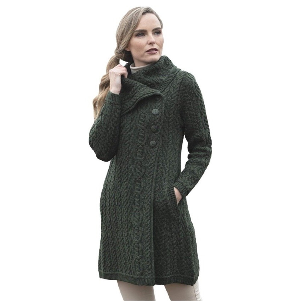 Aran Crafts Women's Merino Wool Chunky Collar Coat Sz M Cardigan Buttons Green